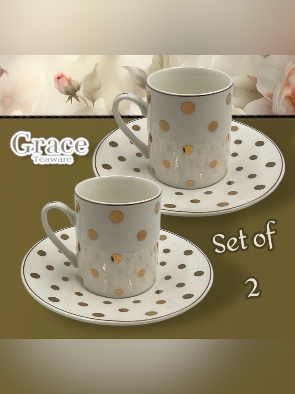 GRACE TEAWARE White Gold Polka Dots 4 Piece Tea DEMITASSE ESPRESSO Set